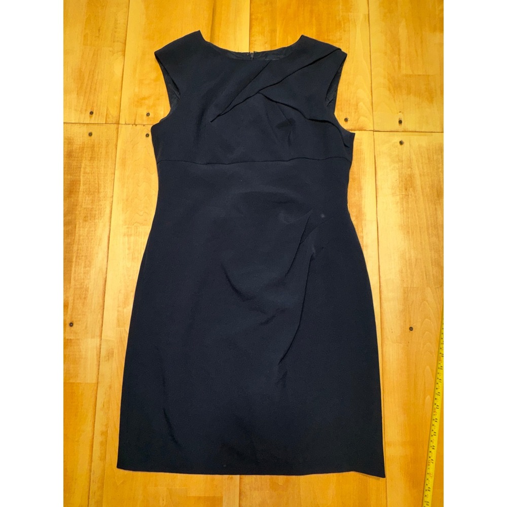 Adrianna Papell Navy Blue Pleated Neck Sheath Dress Size 12 Sleeveless Cocktail